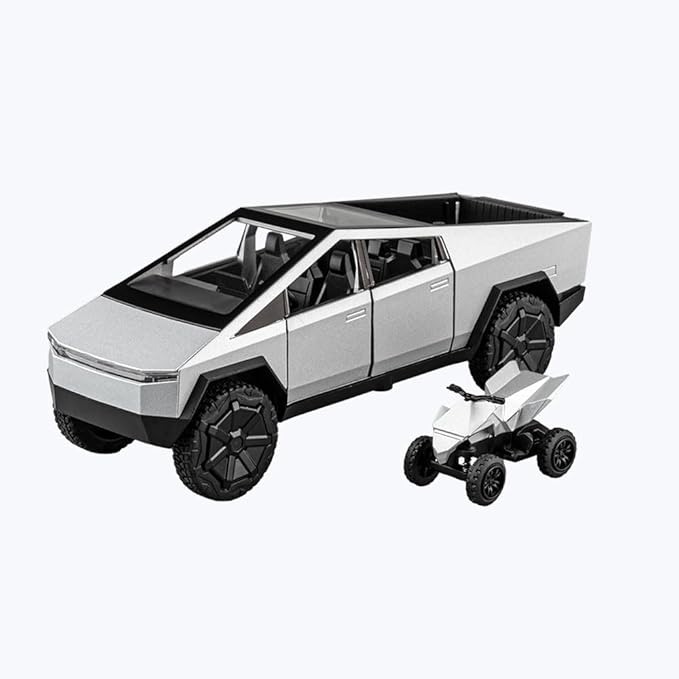 SHEFEITE Tesla Cybertruck 1:32 Diecast Metal Model Car Silver 15.6x6x5.5cm with Lights Sounds Opening Doors Trunk Detachable Motorcycle