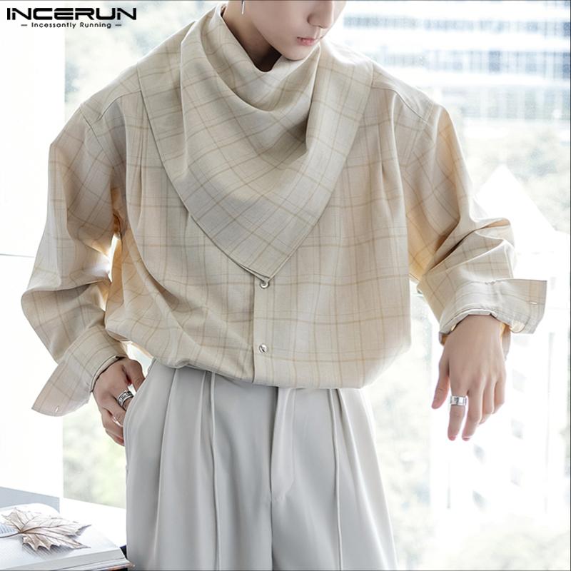 INCERUN Men Stand Collar with Adjustable Scarf Long Sleeve Plaid Loose Oversized Tops Shirts