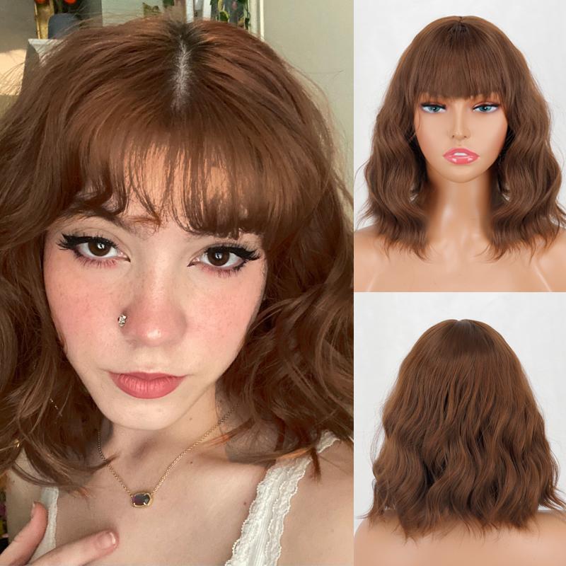 LISI HAIR Short Wave Bob Pink White Gradient Wig with Bangs Synthetic Fiber Short Wavy Daily Wear Cosplay Wig for Women
