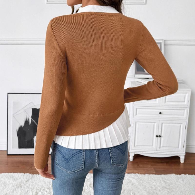 Autumn Winter Casual Fashion Patchwork Pleated Knitting Top Women Elegant Buttons Bottomed Sweater Top