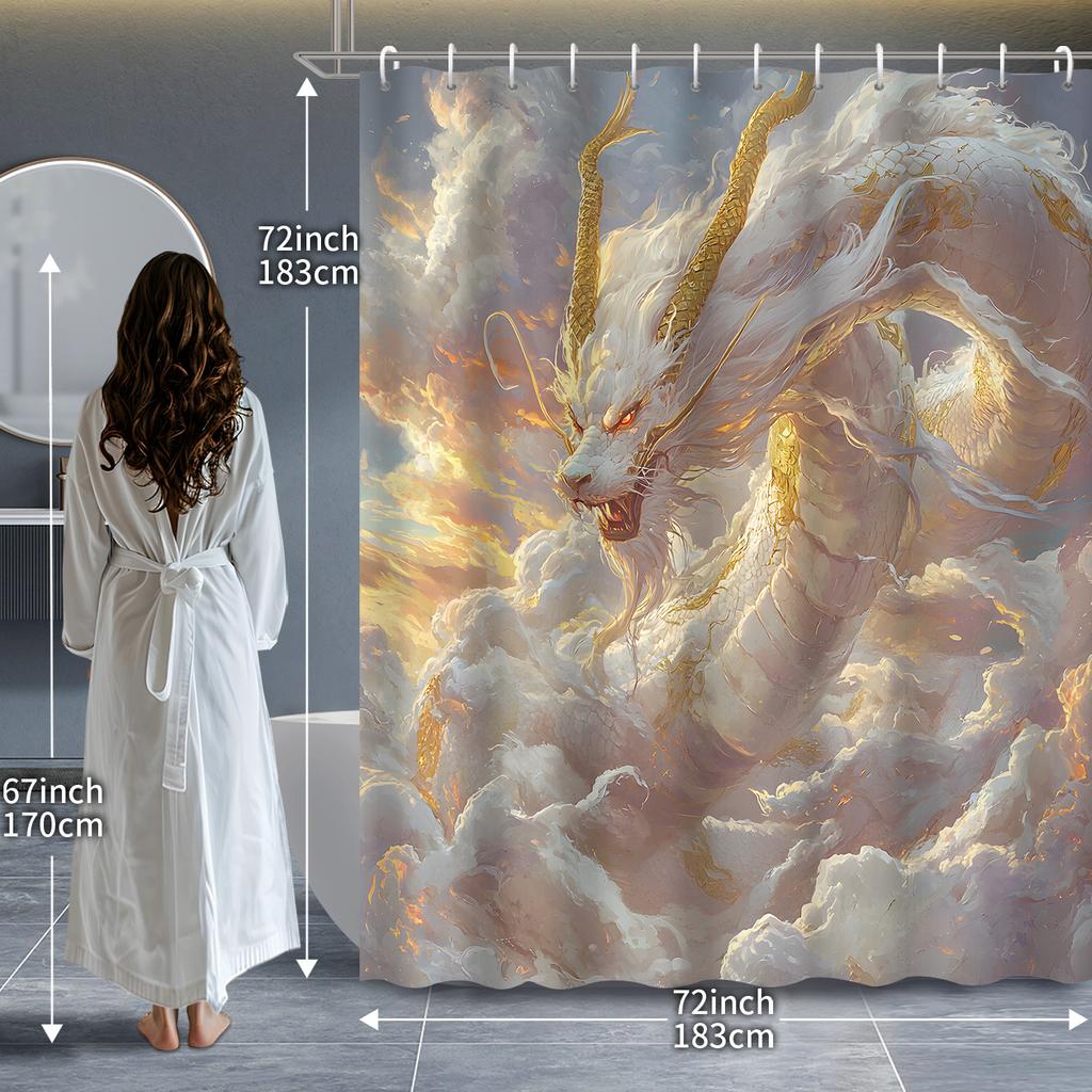 1PC Oriental Fantasy White Dragon Shower Curtain,Decorative Printed Design with Hooks,Durable Polyester,for Bathroom &Home Decor