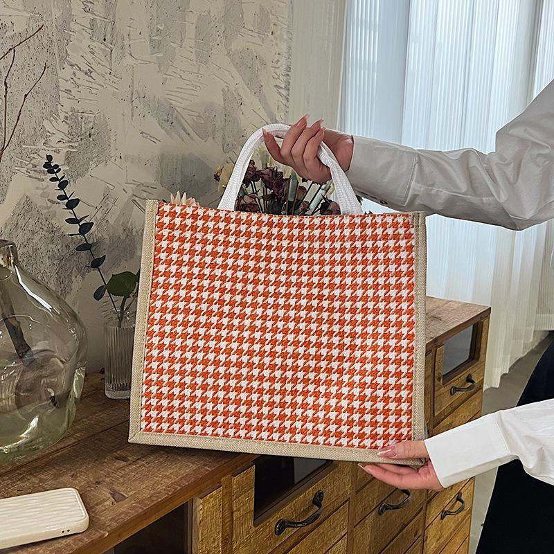 Льняная клетчатая сумка, большая вместительная клетчатая сумка для покупок, простая модная женская сумка через плечо