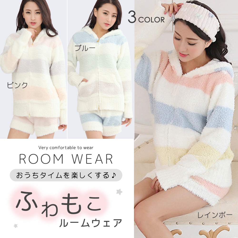 [Seap] Women's Fluffy Loungewear Set, Cozy Hoodie & Shorts Pajamas, Warm Soft Top and Bottom Sleepwear for Home Relax (Rainbow)