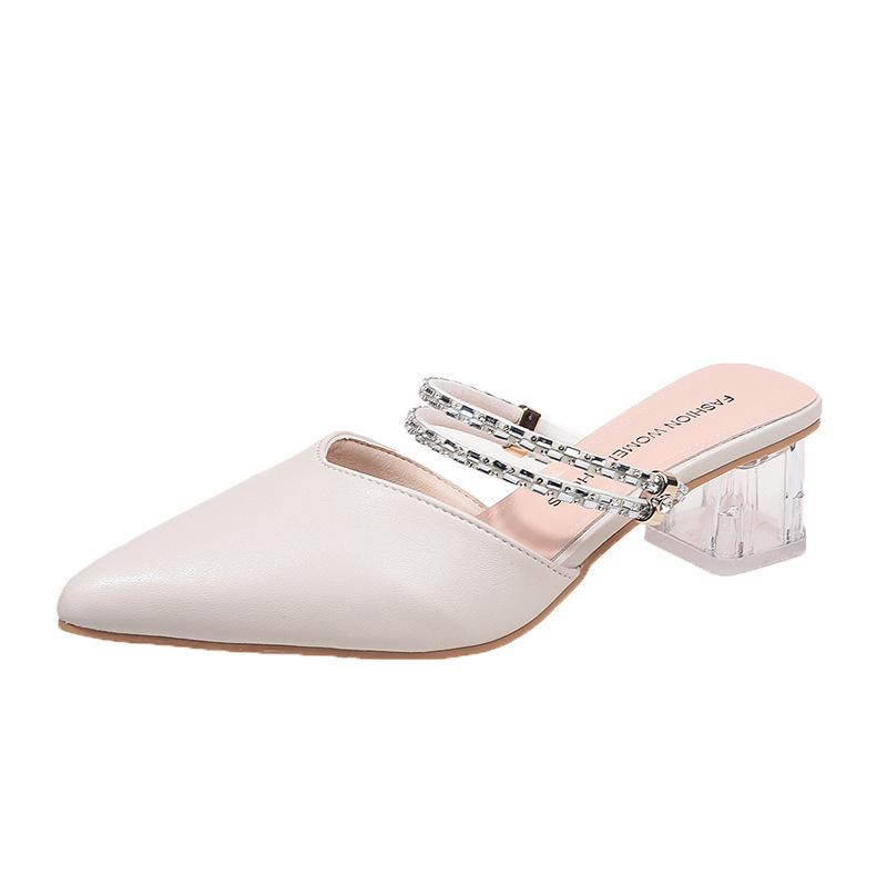 Сандалии на высоком каблуке с острым носком, женские летние сандалии на толстом каблуке со стразами, женские полутапочки Baotou, модная женская дышащая обувь