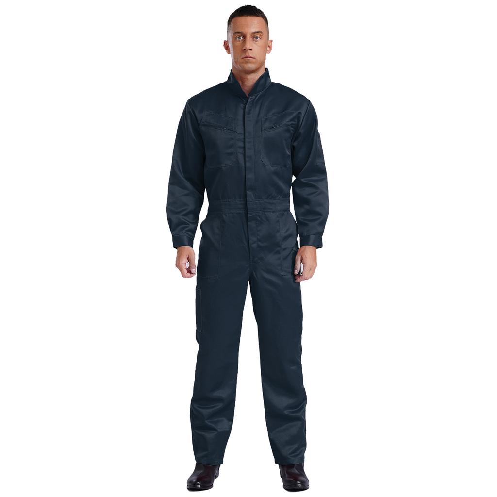 Mens Pure Cotton Jumpsuit Stand Collar Design Long Sleeve Front Zip Overalls Work Uniform Coveralls