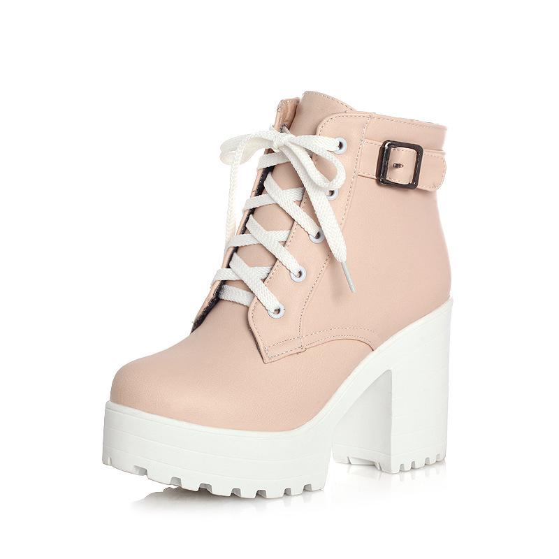 Fashion Autumn Boots Boots Women Round Toe Buckle Shoes Women High Heel Fashion Plus Size Square Heels Lacing 3 Colors 369