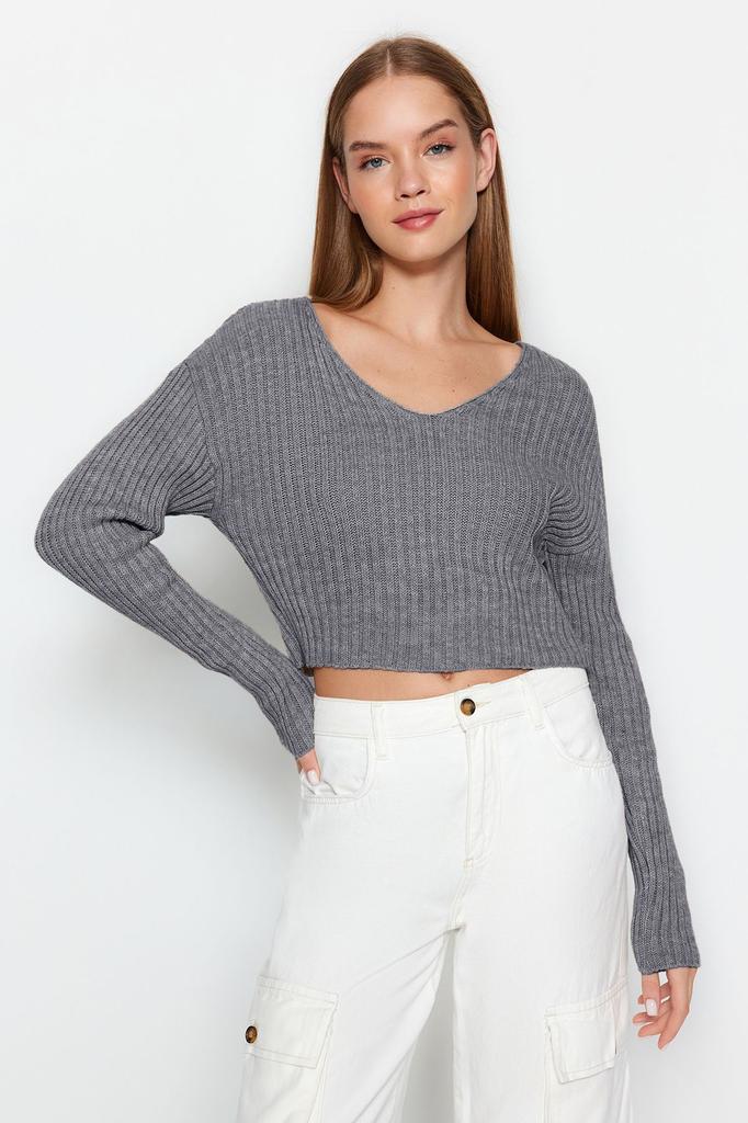 Женский элегантный свитер, оранжевый укороченный базовый трикотажный свитер с V-образным вырезом