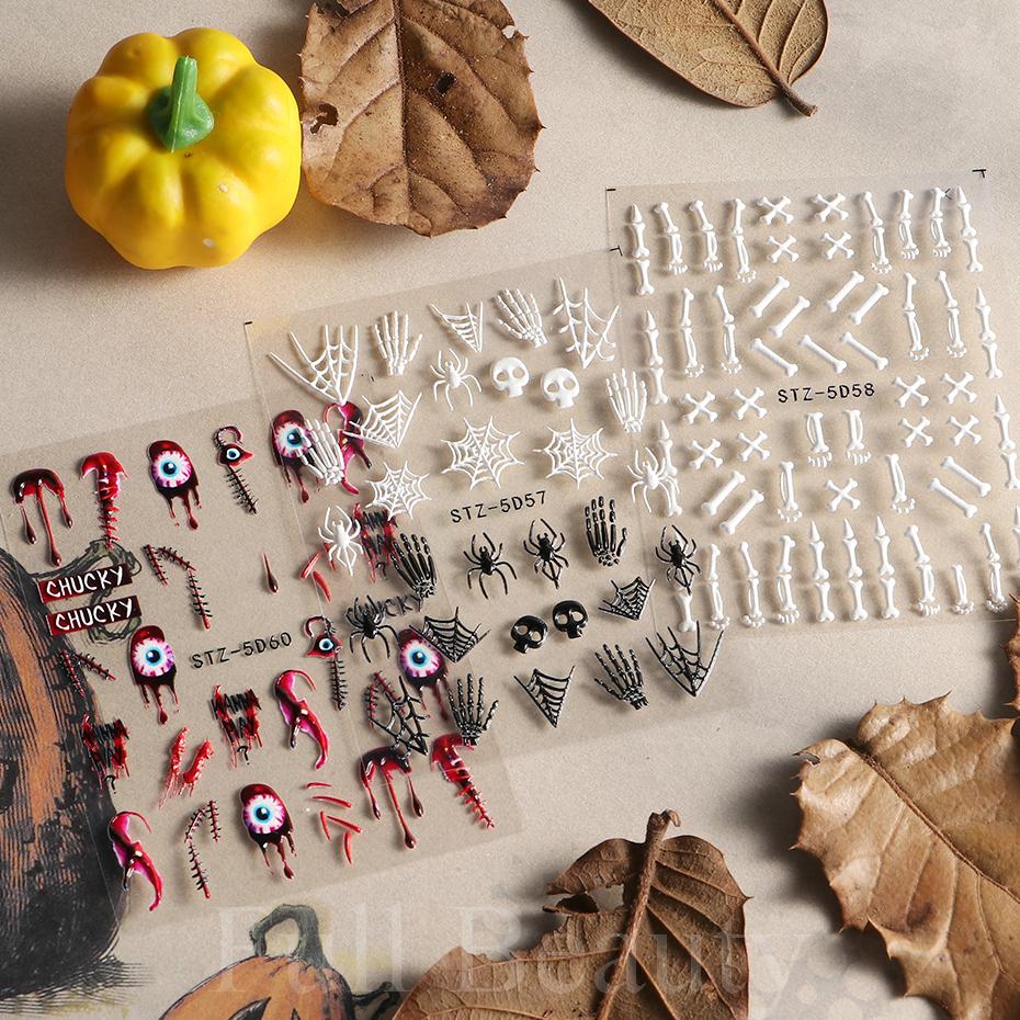 1 Pcs 5D Halloween Nail Art Sticker Spider Web Horror Eyes Face Pumpkin Nail Decal Embossed Design Slider Foil Nail Art