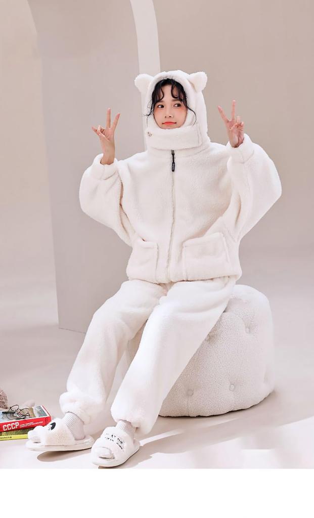 LAVASEON Winter Pajama Cute Animal Print with Bear Warm and Fun Open Fleece and Comfortable Loungewear for Fall and Winter Women's Set, Fluffy, Ears,