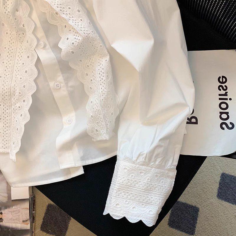 Женская хлопковая базовая рубашка белого цвета с кружевным бантом - Новинка весенней коллекции, топ для многослойного образа