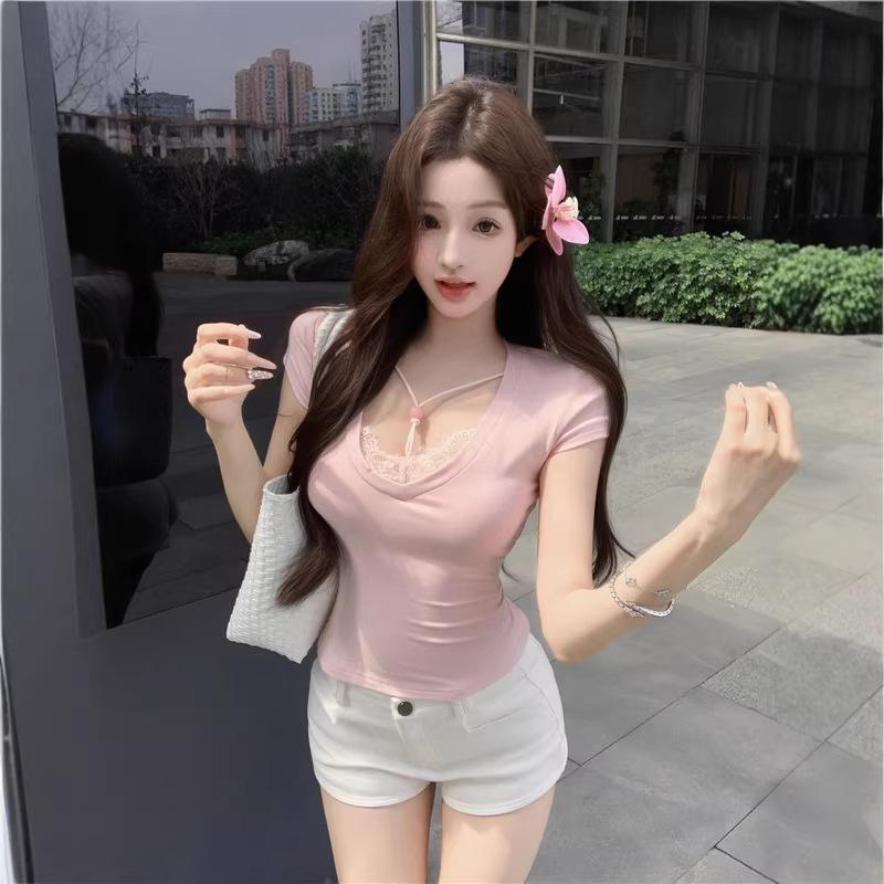 Pure desire hot girl sexy v-neck short top women's summer fake two pink lace short-sleeved t-shirt unique