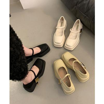 Туфли Мэри Джейн на толстом каблуке. Женские туфли на французском высоком каблуке. Весна и лето. Новые универсальные туфли с низким квадратным носком. Маленькие кожаные туфли.