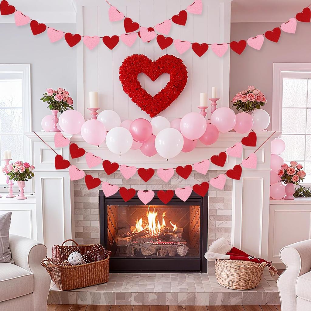 4 Pack Felt Heart Garland Banner, No DIY Valentine's Day Decorations Red Pink Hearts Hanging Banner 9.8ft Galentines Day Heart Felt Decor for Wedding