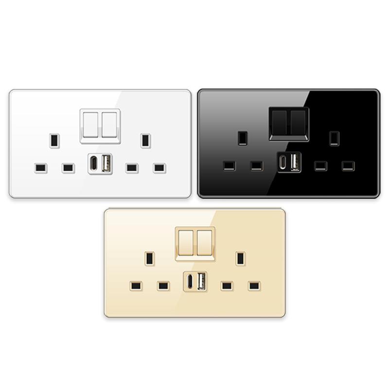 UK 13A Wall Socket with Type-C 18W Fast Charging Plug Socket,Glass Panel Power Double Universal Outlet with Quick USB C Charge