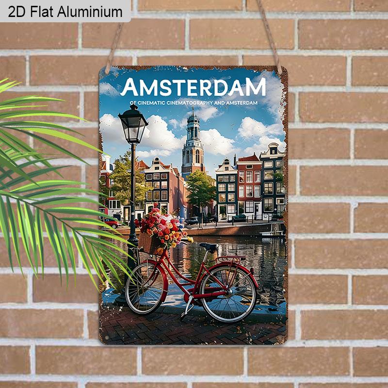 2D Flat, 1pc Vintage Amsterdam Aluminium Wall Art Sign "Cinematic Amsterdam" - 8"x12" Rustic Travel & Home Decor, Dutch Canal & Bicycle Wall Art