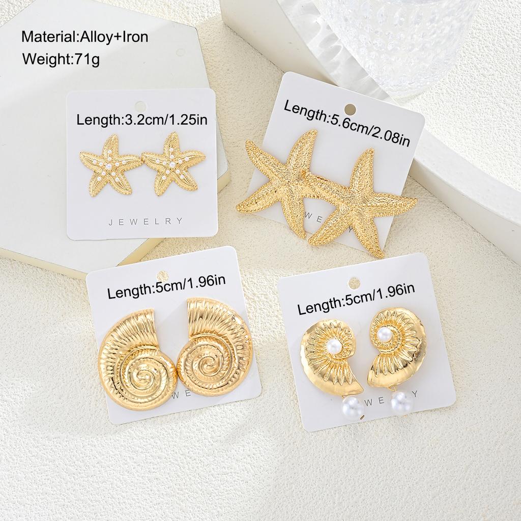 4Pcs Vintage Summer Starfish Conch Earring Set Gold Color Imulated Pearl Stud Drop Earrings for Women Beach Daily Jewelry Gifts