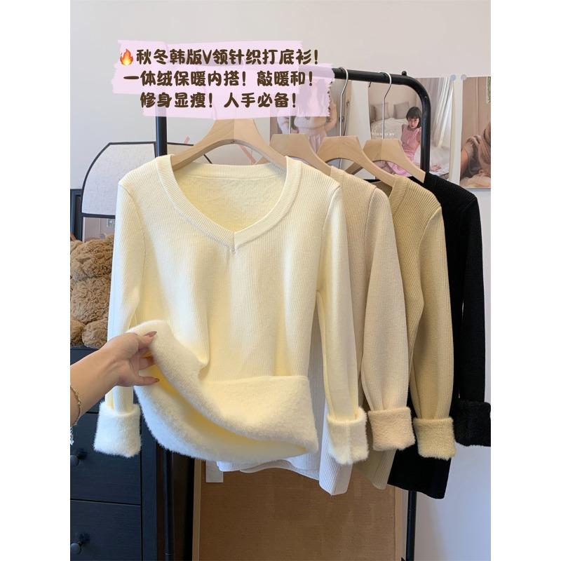 Neck thickened sweater women's autumn and winter basic warm integrated fleece slim bottoming shirt with knitted top inside