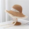 Lace-up hollow lace edge straw hat female summer travel beach white face small brim sun hat shade