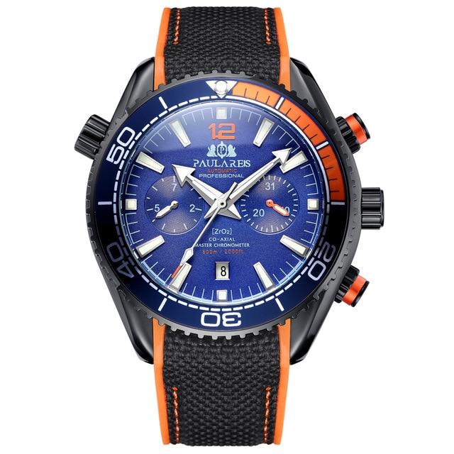 Paulareis Men Automatic Self Wind Mechanical Canvas Rubber Strap Orange Blue Red Multifunction Date Month Watch