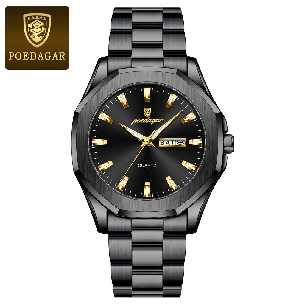 POEDAGAR Luxury Men Wristwatch Waterproof Luminous Week Date Original Man Watch Stainless Steel Sport Quartz Men's Watches
