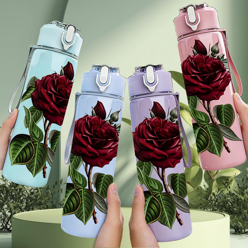 1PC Deep Red Watercolor Rose Graphic,750ml Color Plastic Sports Water Bottle,Leakproof Flip Straw Lid,Suitable for Sports Office Home Use