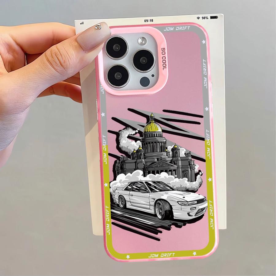 Японский JDM Drift Car Красный Чехол с Солнцем для iPhone 16e 11 12 13 Pro Max 14 15 16 Plus Мягкий Чехол