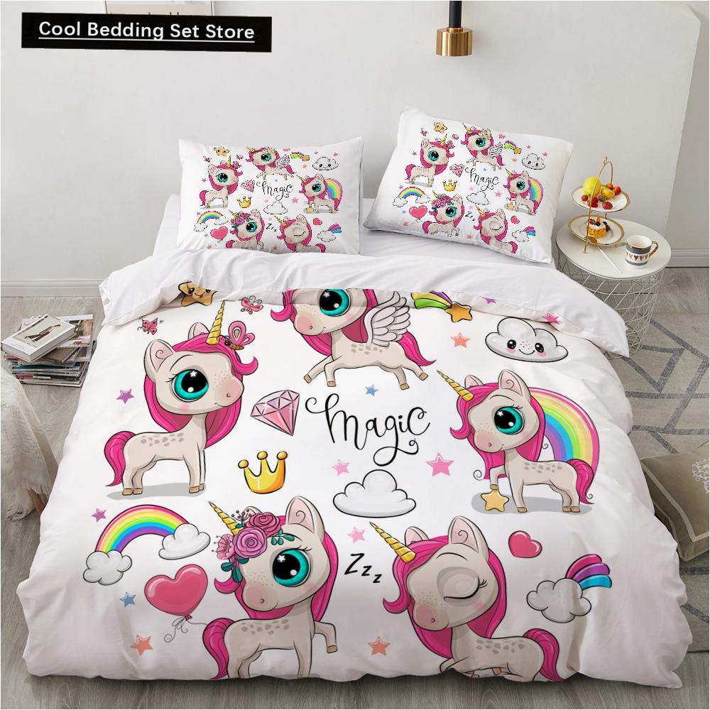 Детский детский розовый комплект постельного белья Queen King Cartoon Unicorn Белый пододеяльник Twin Полный цветной 2/3 шт полиэстеровый пододеяльник