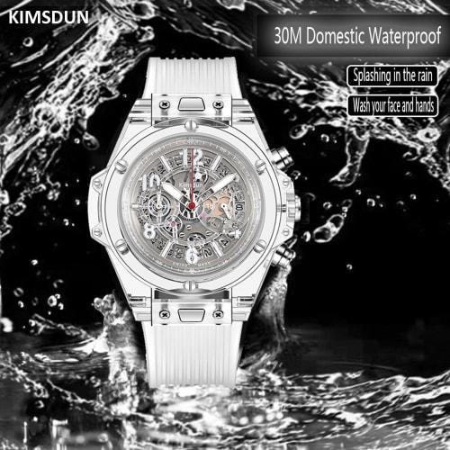 KIMSDUN Skeleton Sports Watch, Three Dials, Waterproof, Analog Quartz Movement, Date, Calendar, Silicone Strap, Men's, Student, Unisex, White-White, S