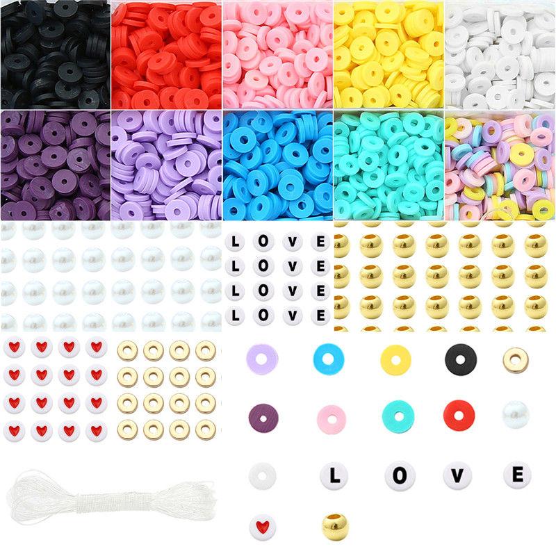 1100 шт./кор., бусины из мягкой глины, набор бусин с буквами алфавита и эластичной нитью для бисера, набор для DIY браслета, ожерелья, аксессуары для изготовления ювелирных изделий