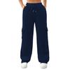 Women Cargo Pants Elastic Waist Adjustable Drawstring Straight Wide Leg Trousers Solid Color Sport Long Pants