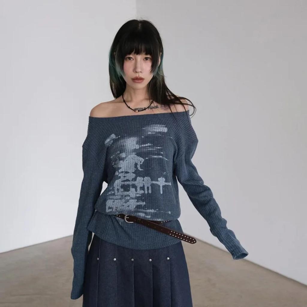 VAYLA Осень Харадзюку Женские футболки с принтом Винтажная уличная одежда Гранж Асимметричный воротник Топы Эстетика Y2k Свободные Повседневные Хип-хоп Винтажные топы