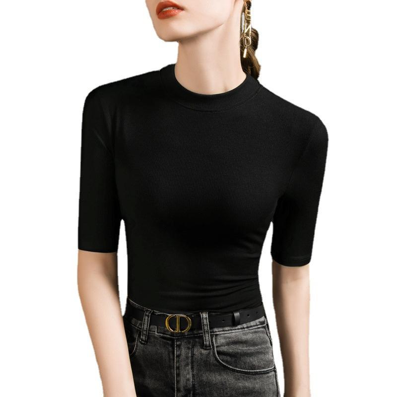 Bottom Shirt Women's New Front Shoulder Crew Neck Medium Sleeve T-Shirt Elastic Inside Tights