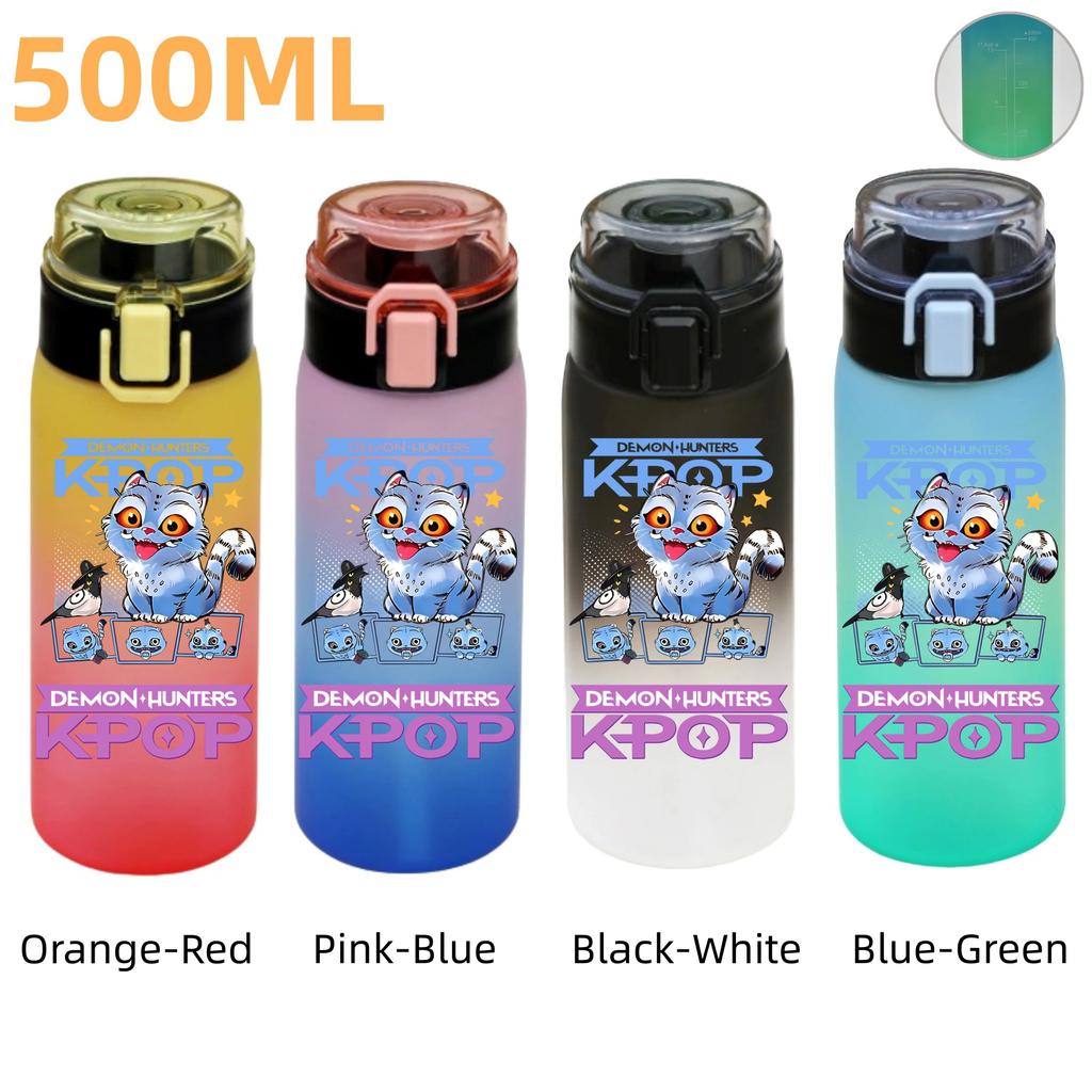 500ML KPop Demon Hunters Plastic Anime Water Cup Has Scale Travel Office Gym Hiking Portable Drink Bottles Outdoor Sport Gifts