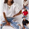 O Neck T-shirt Ruffle Sleeve Nylon Women's Tops Solid Color Women's Clothing