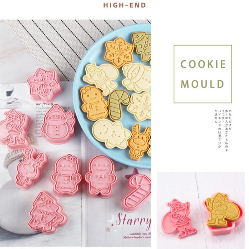 8Pcs Christmas Cookie Tools 3D Biscuit Mold Santa Snowman Tree Elk Cookie Mould Stamp Xmas New Year Party Baking Tools