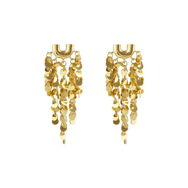 Luxury Exaggerated Metal Round Sequin Tassel Earrings for Women U-Shaped Big Elegent Personalized Party Girls Unusual Jewelry