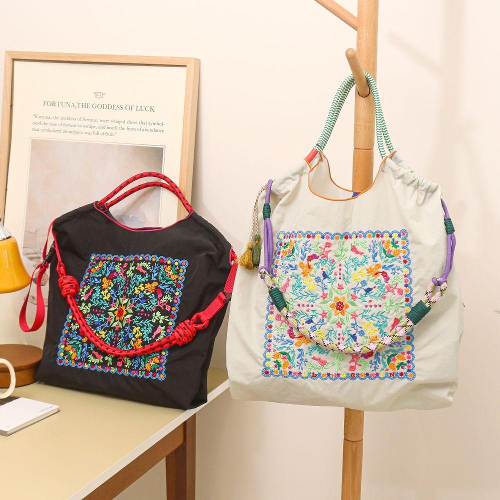 Экологичная вышитая сумка-тоут в японском стиле для женщин на весну/лето - Большая вместимость, на плечо/ручная/кроссбоди