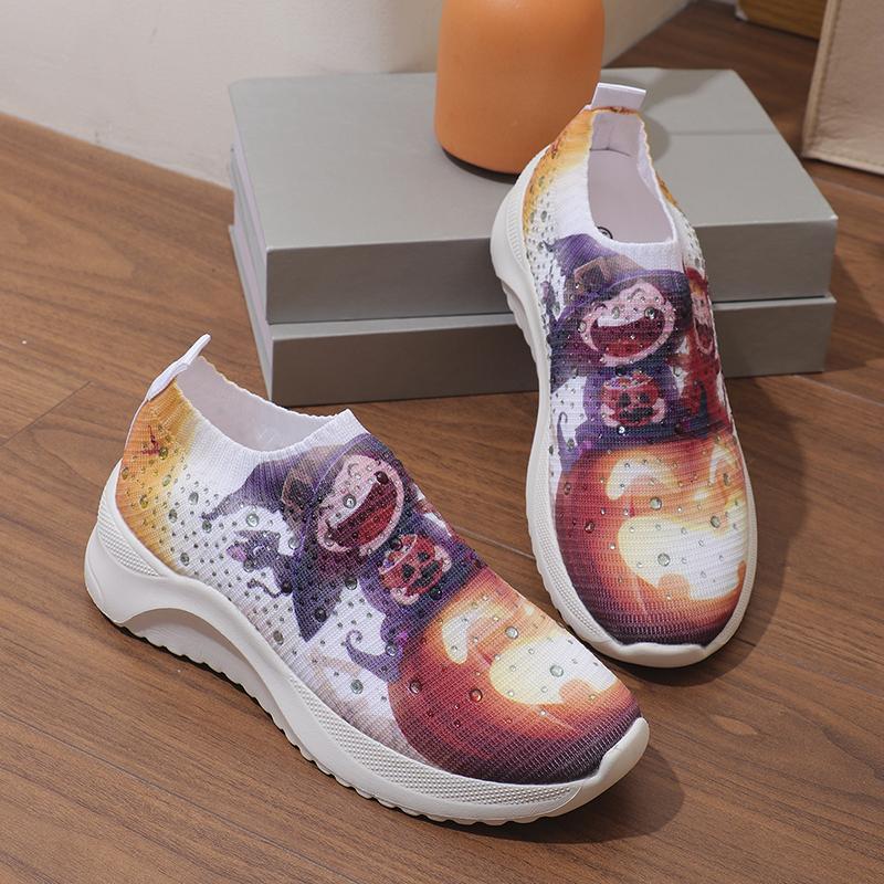 Женские кроссовки Rimocy в рождественском стиле, 2024 г., модная спортивная обувь на платформе с принтом, женские слипоны, нескользящие вязаные туфли на плоской подошве с кристаллами