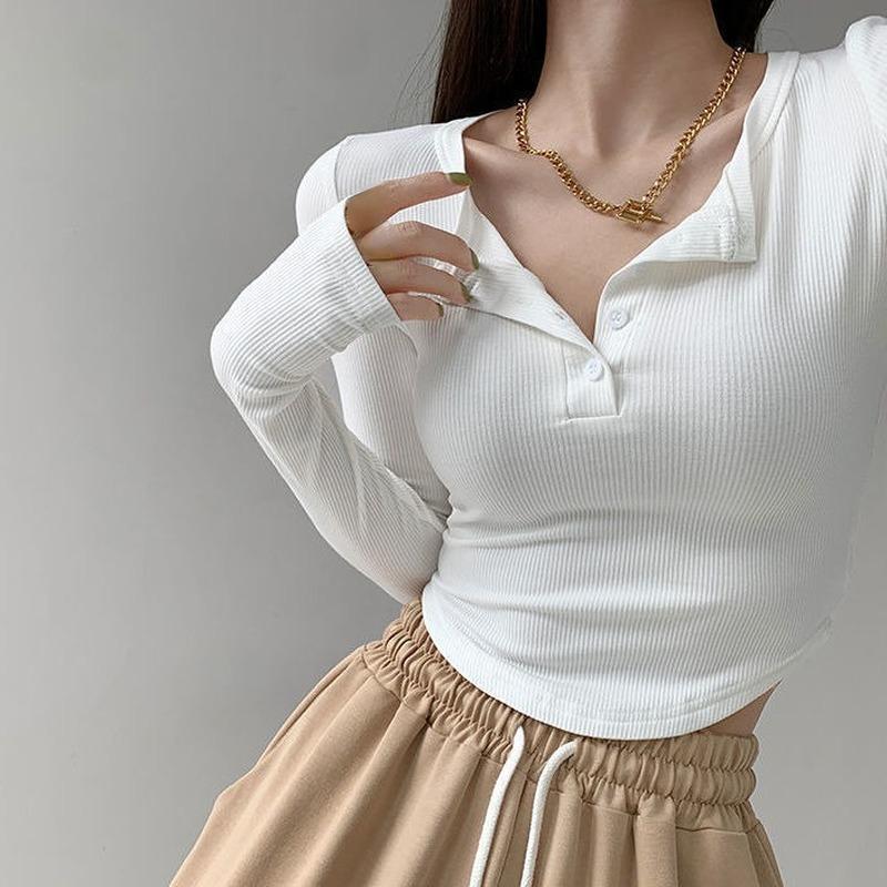 Сексуальные футболки женские тонкие модные топы Y2k осенние укороченные популярные корейские пуговицы с длинным рукавом милые майки для отдыха девичьи