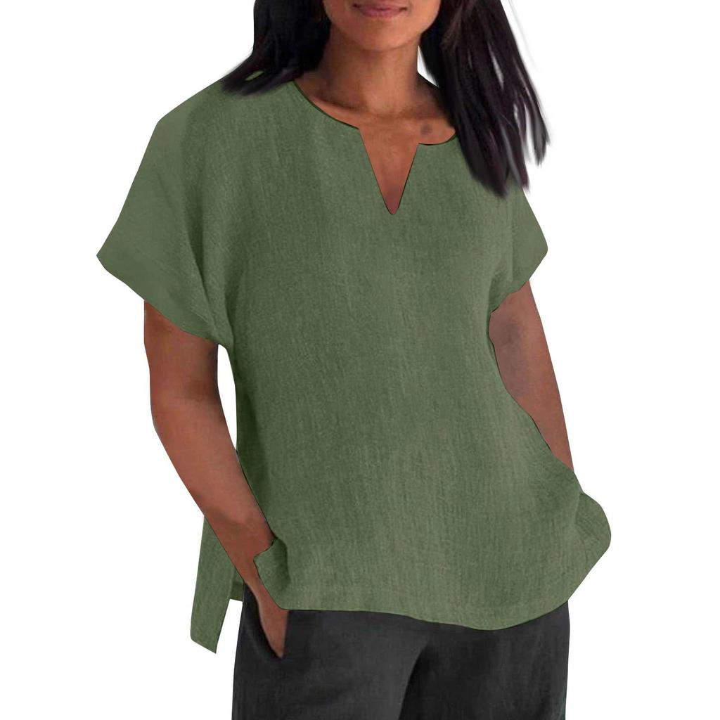 Women's Fashion Short Sleeve V-Neck Solid Colour Loose Casual Shirt Cotton Blouse