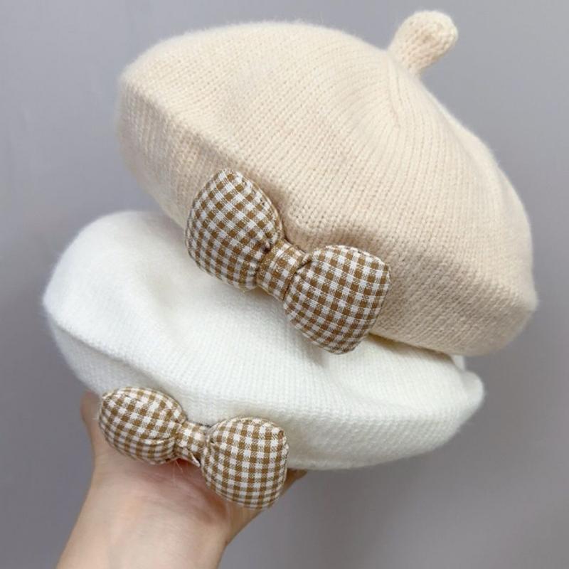 Fashion Cute Baby Hat Solid Color Bow Warm Beret Hat For Girls Vintage Princess Beret Hat Children Autumn Winter Cap Gifts