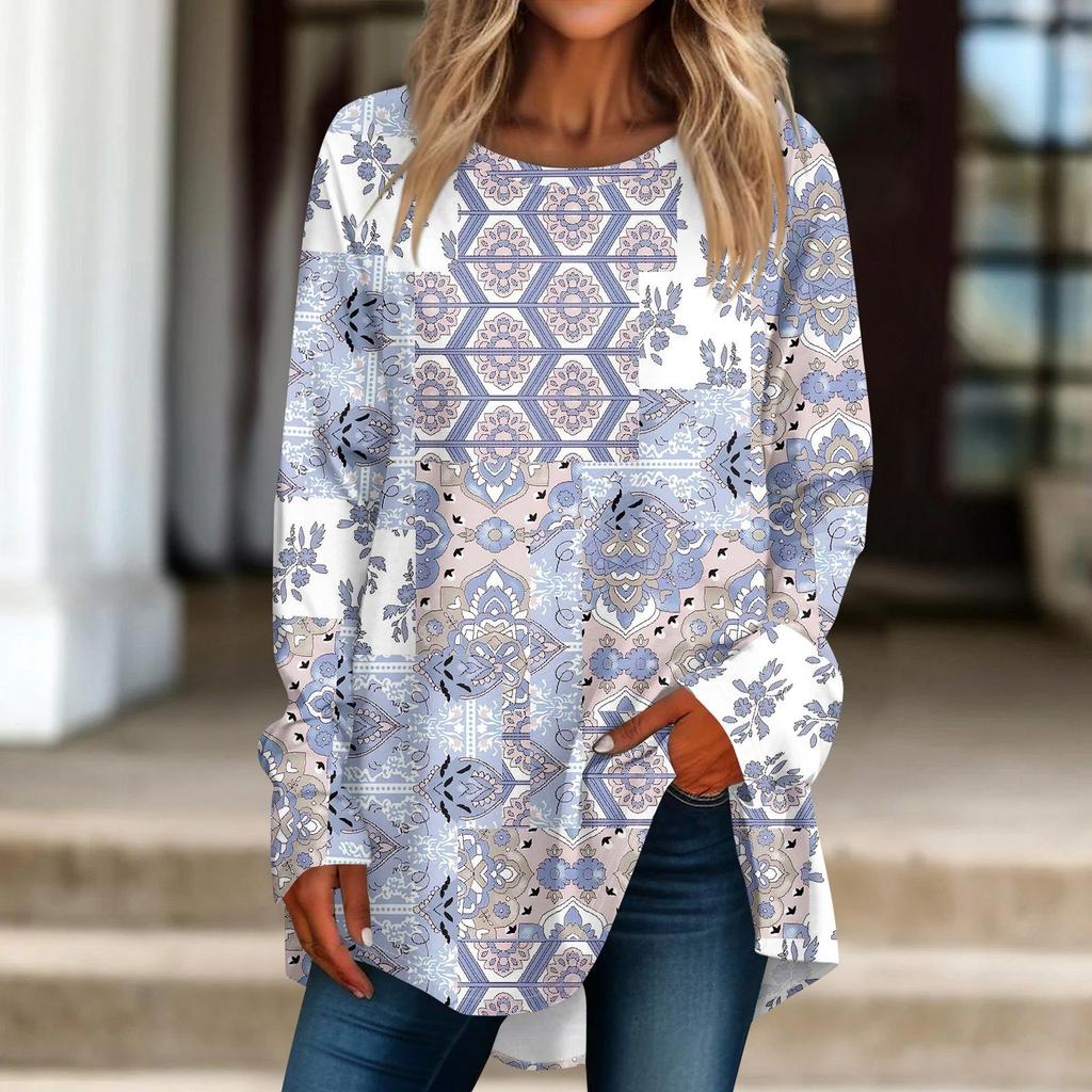 Женская повседневная футболка больших размеров с длинными рукавами и круглым принтом, верхний пуловер