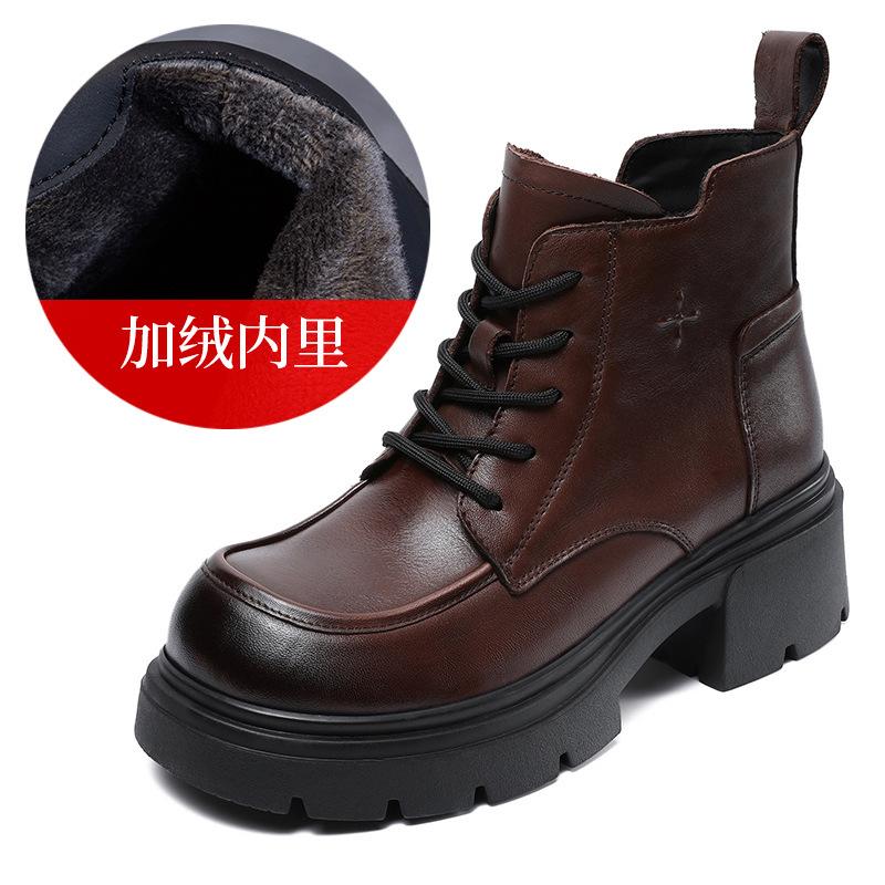 2024 осень и зима новые удобные кожаные ботинки Martin на толстой подошве женские полусапожки из телячьей кожи первого слоя короткие ботинки на толстом каблуке