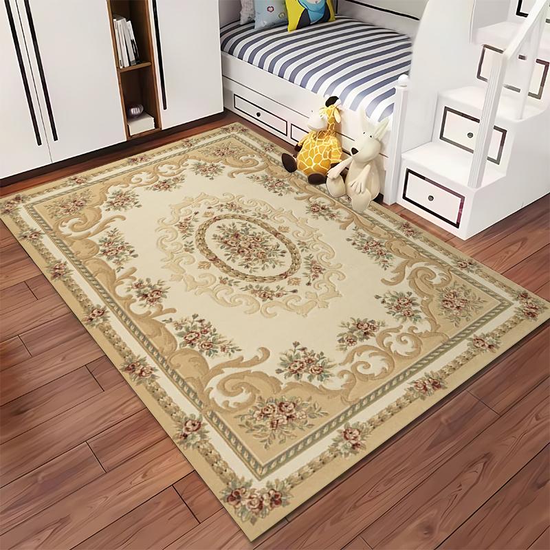 Elegant Floral Patterned Beige Rug Non-slip rug suitable for living room and bedroom sofas.