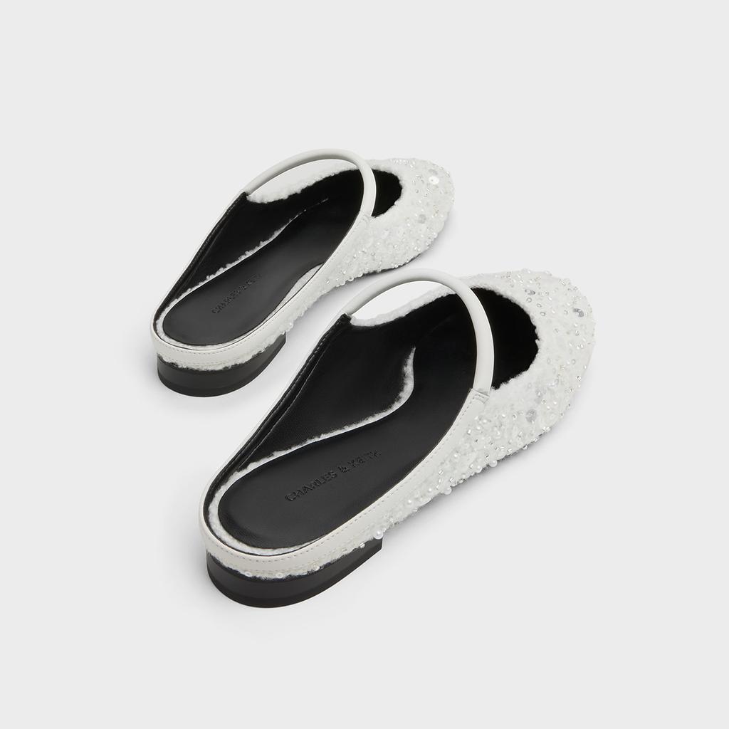 Charles & Keith Женские шлепанцы-мюли на плоской подошве с пайетками, на одной лямке, с закрытым носком, композитная подошва 2,3 см, Белые CK1-70381132