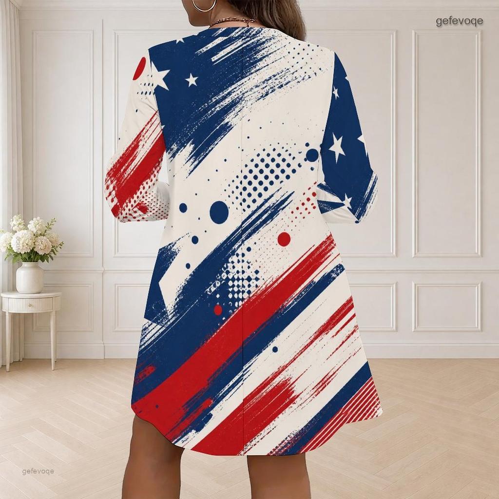Women Plus Size V Neck Long Sleeve Printed Loose Fit Curved Hem Dress