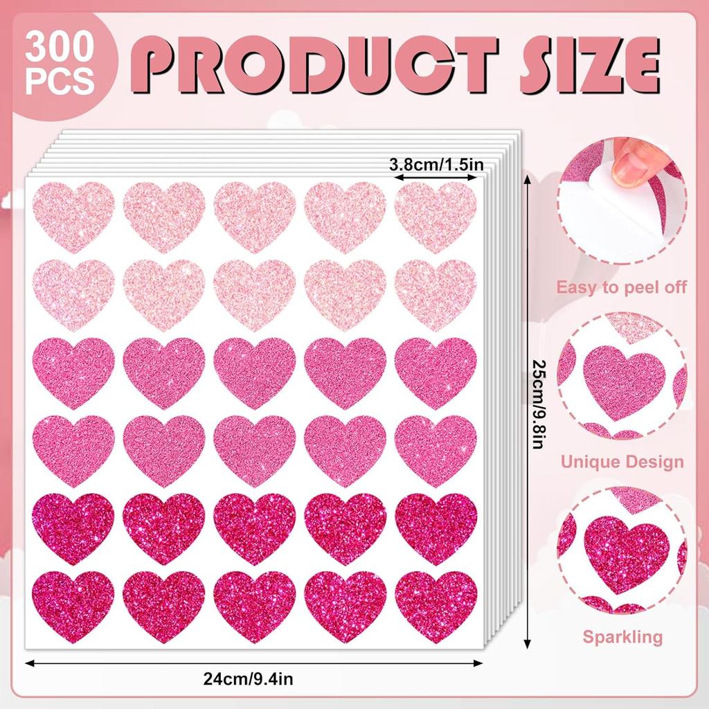 300Pcs Valentine's Day Glitter Pink Heart Stickers 1.5 Inch Sparking Adhesive Heart Stickers Arts and Crafts Decorative Envelope Seals for
