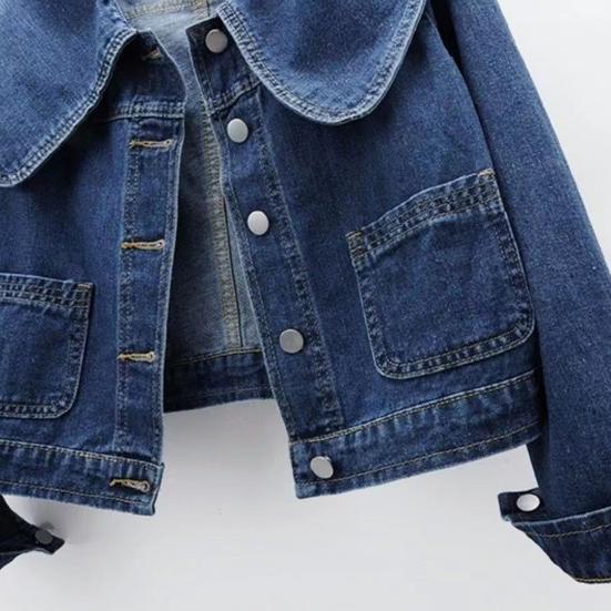 Women Denim Jacket Retro Single-breasted Doll Collar Long Sleeves Solid Color Side Pockets