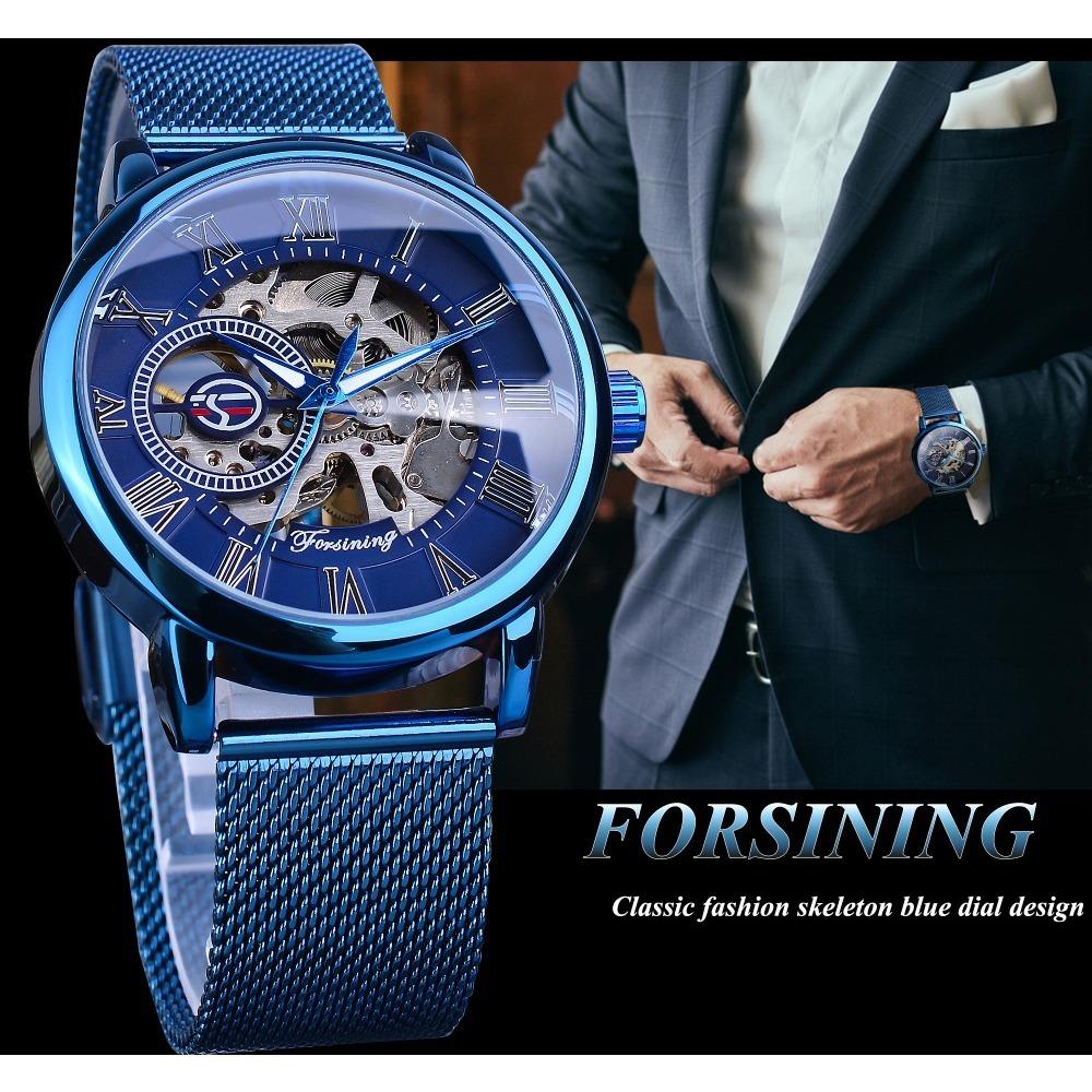 Forsining Часы мужские модные повседневные классические популярные механические часы с синим сетчатым ремнем GMT1140-11-W