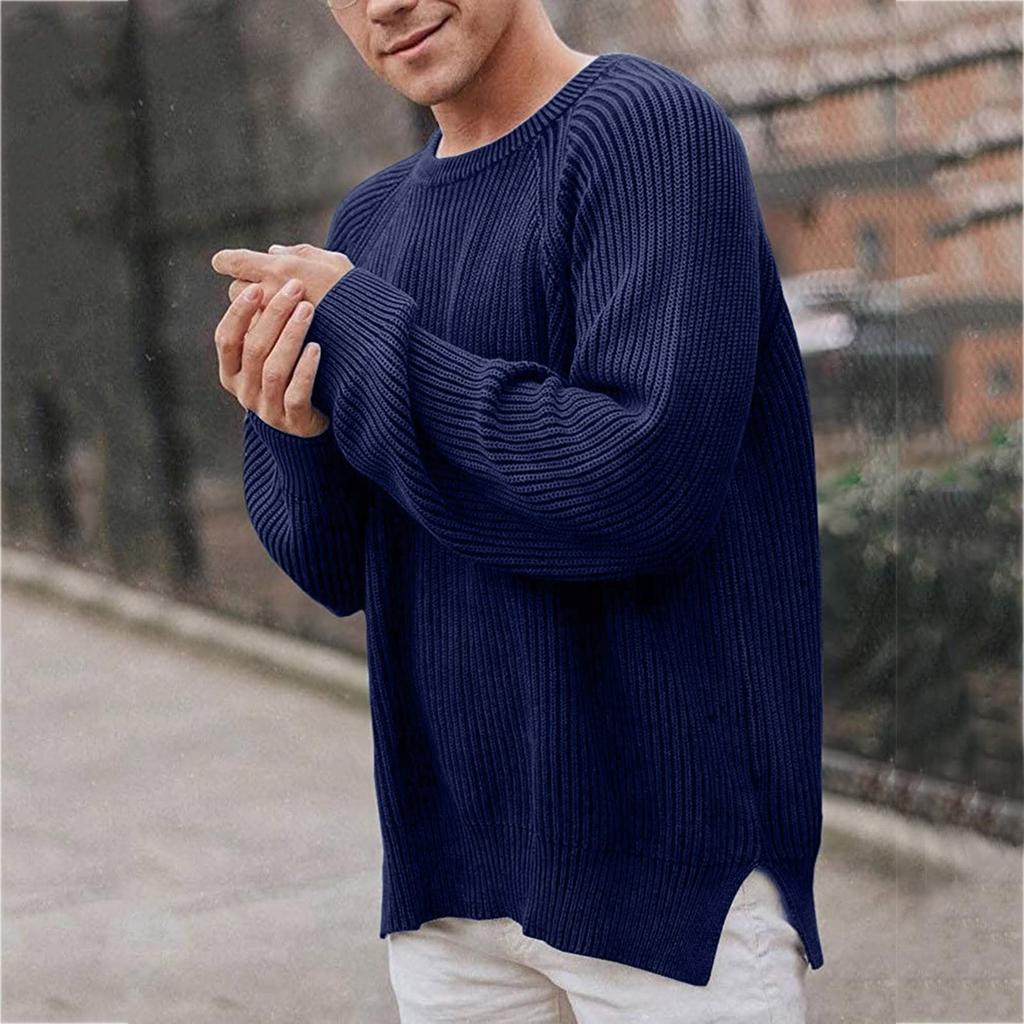 Men's Solid-color Long-sleeved Round-neck Pullover, Knitted Sweater, Men's Striped Sweater